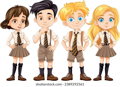 Illustration of students in uniform, surrounded by friends