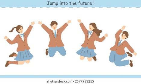 Illustration of students in uniforms jumping