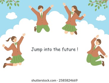 Illustration of students in uniforms jumping