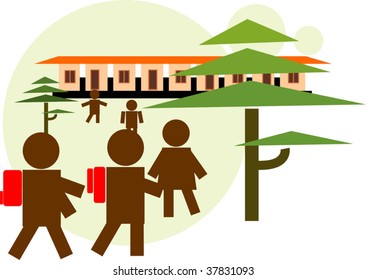 Illustration of students walking in the school	