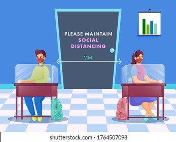 Illustration Of Students Wear Medical Mask At Plexiglass Shield Desk With Keeping Their Social Distance On Classroom.