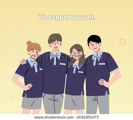 An illustration of students wearing school uniforms cheering.