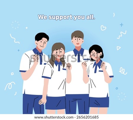 An illustration of students wearing school uniforms cheering.