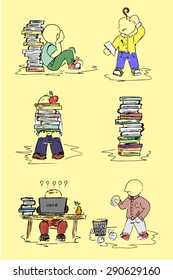 Illustration students while studying, office, hand-drawn