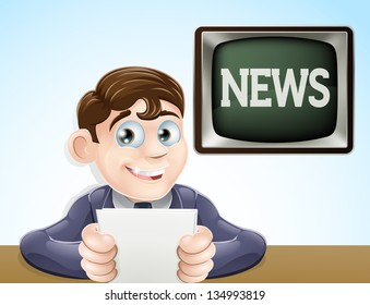 An illustration of a studio television news reporter holding paper at desk