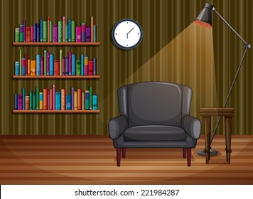 Ilustración de una sala de estudio con libros