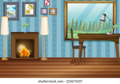Illustration of a study room with fireplace