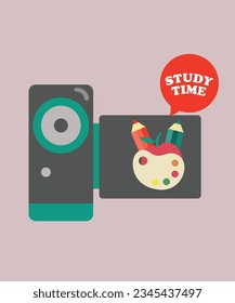  Illustration Study Time and Video Camera ,Pencil, Apple, Watercolor