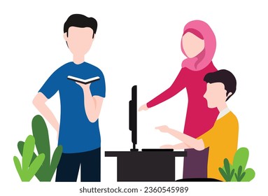 Illustration: Studying in a bootcamp with mentorship from tutors. Flat style, simple, pink and purple tones, emphasizing an educational environment for focused study.