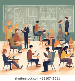 illustration of studying at school a teacher with his students
