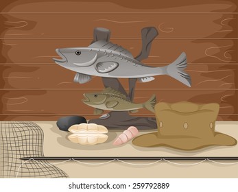 Illustration of a Stuffed Fish Mounted Above Fishing Gear