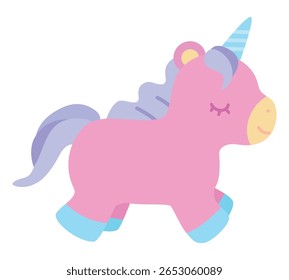 Ilustração de um unicórnio rosa recheado com uma juba e uma cauda roxas