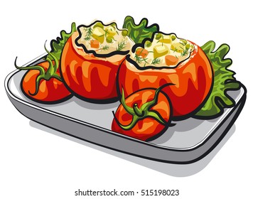 illustration of stuffed tomatoes with salad on plate