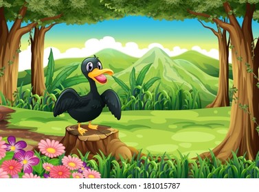 Illustration of a stump with a black duck