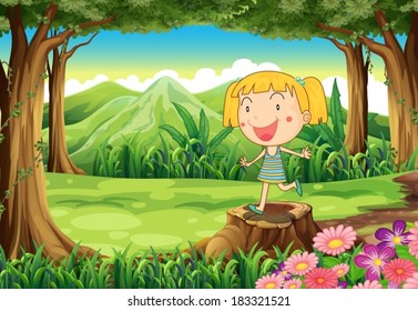 Illustration of a stump with a cute little girl