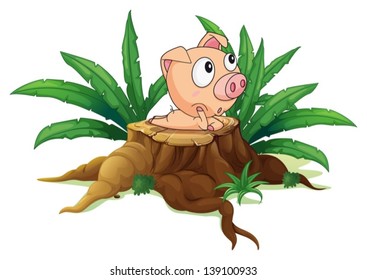 Illustration of a stump with a fat pig on a white background