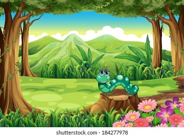 Illustration of a stump at the forest with a worm