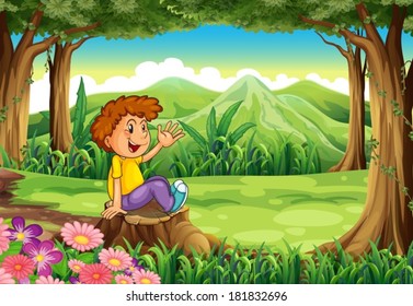 Illustration of a stump with a happy boy