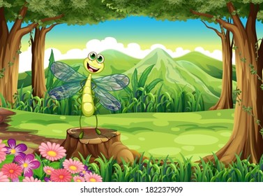 Ilustración de un trozo en la selva con una libélula sonriente