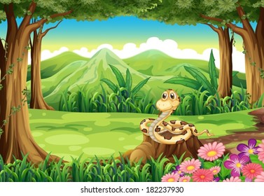 Illustration of a stump at the jungle with a snake