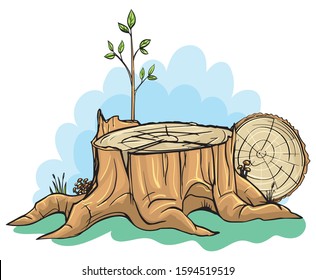 Illustration of a stump with mushrooms. Sawn tree