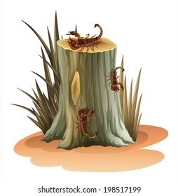 Illustration of a stump with scorpions on a white background
