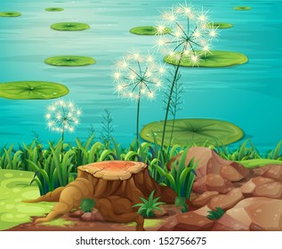 Illustration of a stump of a tree at the riverbank