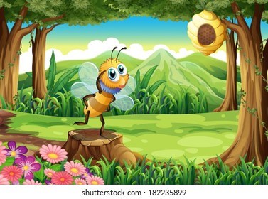 Illustration of a stump at the woods with a bee