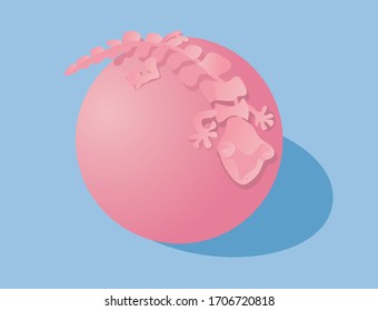 Illustration in the style of 3D rendering. Pink lizard on a ball on a blue background in vector.