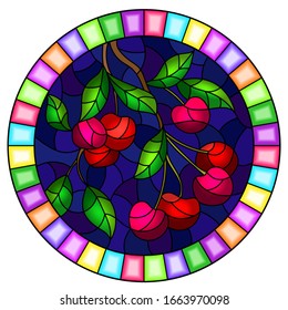 Illustration in the style with the branches of cherry  tree , the  branches, leaves and berries against the sky, oval image in bright frame