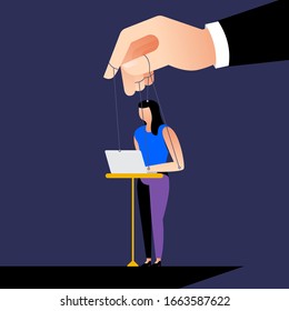 Illustration style cartoon concept the boss control employee with micro management like a puppet. Business issue. Vector illustration.