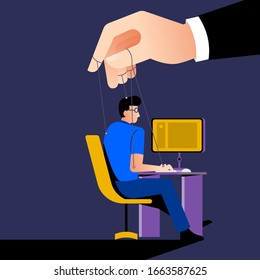 Illustration Style Cartoon Concept The Boss Control Employee With Micro Management Like A Puppet. Business Issue. Vector Illustration.