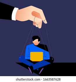 Illustration Style Cartoon Concept The Boss Control Employee With Micro Management Like A Puppet. Business Issue. Vector Illustration.