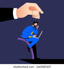 Illustration Style Cartoon Concept The Boss Control Employee With Micro Management Like A Puppet. Business Issue. Vector Illustration.