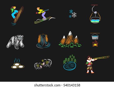 Illustration in style of childrens drawings on the theme of holidays in the mountains.
