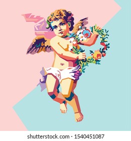 Illustration style of cupid angel with colorful wreath