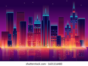 Illustration in the style of cyberpunk, a city in neon beautiful background with reflection, vector reality, the city of the future metropolis. New York EPS 10