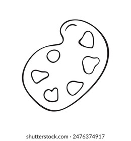An illustration in the style of doodles with an image of a palette for paints on a white background.