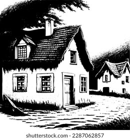 Illustration in the style of the engraving "House in the countryside". Vintage style. Vector. House contour ink painted coloring books. Rural landscape with an old farmhouse.