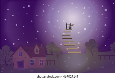 illustration in style of fantasy with stairs and two lovers.