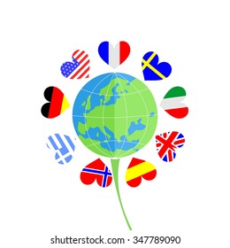 Illustration in the style of a flat design with a globe and flags.