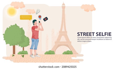 Illustration in the style of flat design, a guy in a park against the background of a city and a tower next to trees, doing on a mobile phone