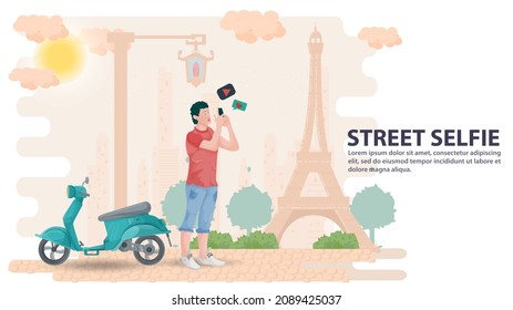 Ilustración en el estilo de diseño plano, un hombre con una motocicleta azul toma un selfie en el parque parado al lado de la torre