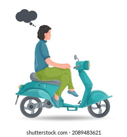 Illustration in the style of flat design, A guy in green pants sitting on a blue moped, on a white isolated background
