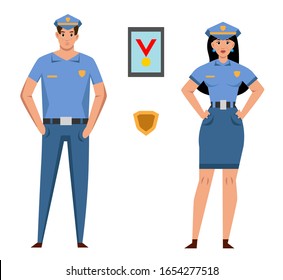 illustration in the style of a flat design with the image of a man and a woman police officers.