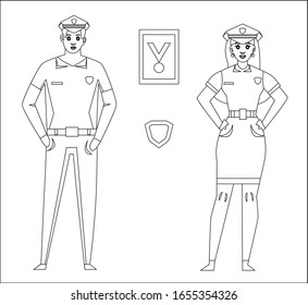 
Illustration im Stil eines flachen Designs mit dem Bild eines Mannes und einer Frau Polizisten.