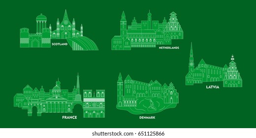 Illustration in the style of a flat design with the main sights of some European countries.