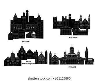 Illustration in the style of a flat design with the main sights of some European countries.