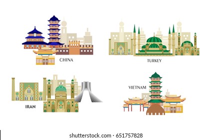 Illustration in the style of a flat design with the main sights of some Asian countries.
