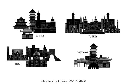 Illustration in the style of a flat design with the main sights of some Asian countries.